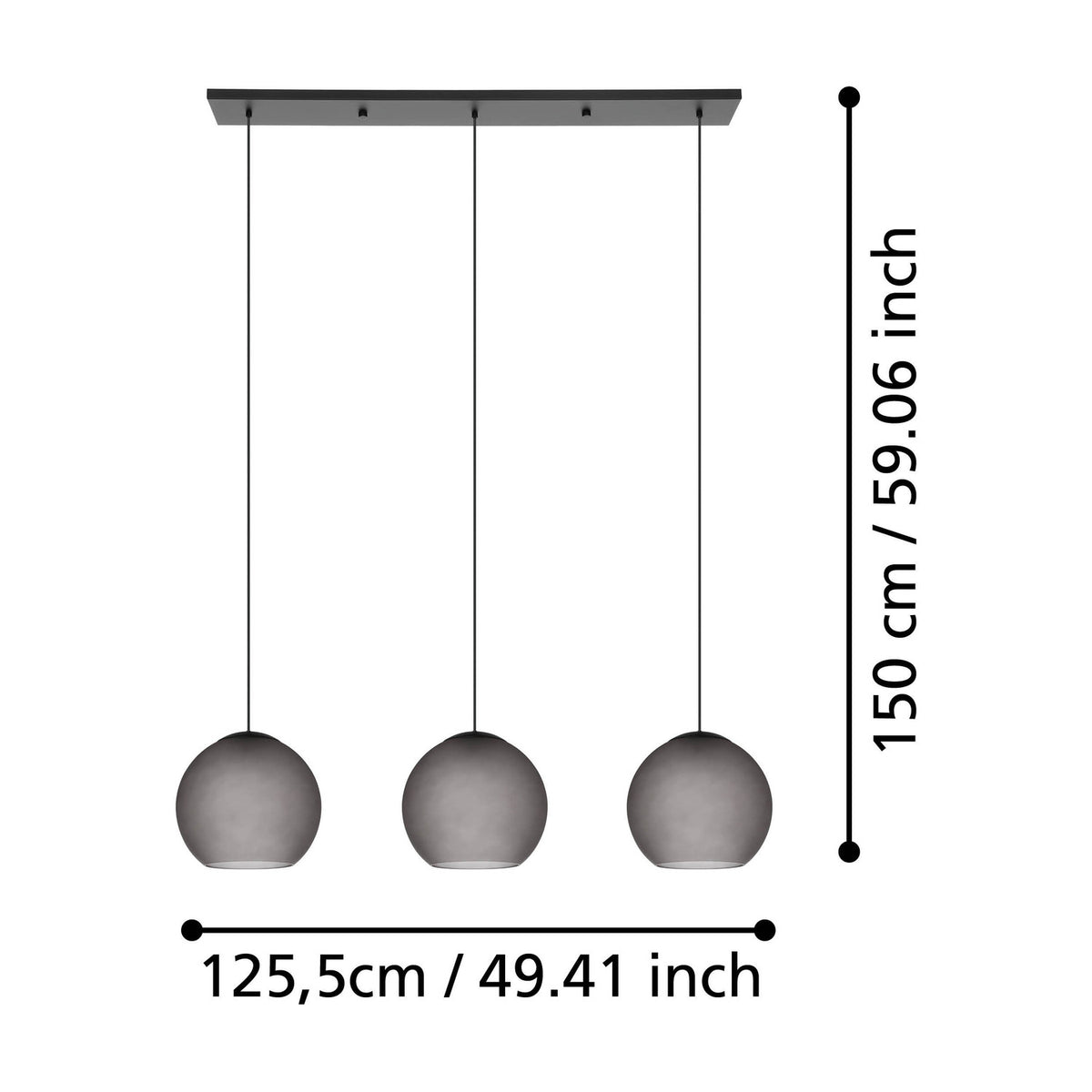 Arangona 3-light linear pendant with grey matt glass globe shades on slim black cords from a black steel ceiling bar, shown with dimensions on a white background.