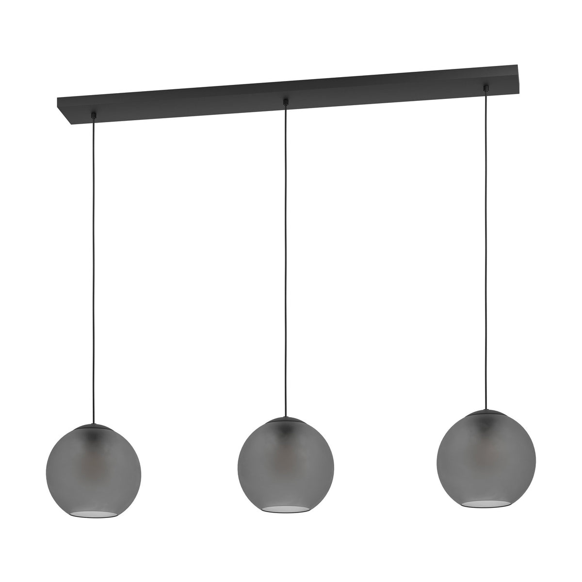 Arangona Glass Linear Pendant Light in black, featuring three smoked grey glass globe shades on black cords from a long black steel ceiling bar, shown on a white background.