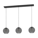 Arangona Glass Linear Pendant Light in black, featuring three smoked grey glass globe shades on black cords from a long black steel ceiling bar, shown on a white background.