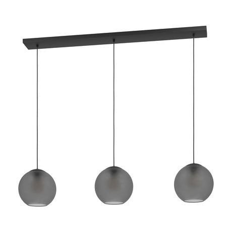 Arangona Glass Linear Pendant Light in black, featuring three smoked grey glass globe shades on black cords from a long black steel ceiling bar, shown on a white background.