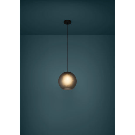 Arangona Glass Pendant Light in black, featuring a round grey matt glass globe on a black cable and ceiling canopy, shown lit against a dark teal wall.
