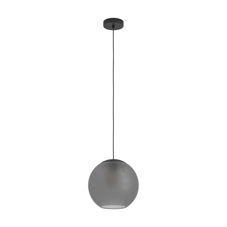 Arangona Glass Pendant Light in black, featuring a round grey matt glass globe shade on a slim black cable with black ceiling canopy, shown against a plain white background.