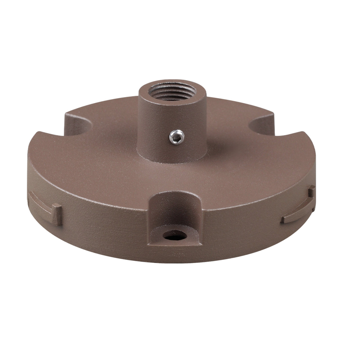 Arcera bollard light base in coffee brown, a round, low-profile mounting plate with a central threaded fitting and screw holes, shown on a plain white background.