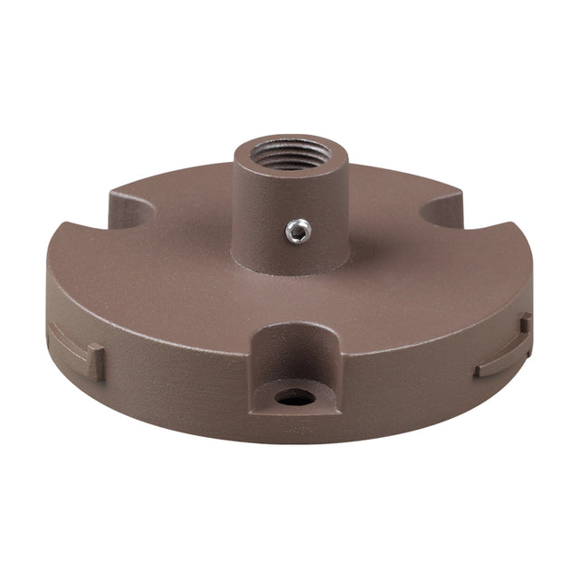 Arcera bollard light base in coffee brown, a round, low-profile mounting plate with a central threaded fitting and screw holes, shown on a plain white background.