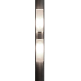 The Arco 4 Light Floor Lamp in satin nickel features a modern design with rectangular frosted glass shades that emit soft light, all supported by a slim frame for contemporary ambient lighting.