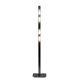 The Arco 4 Light Floor Lamp in satin nickel features a sleek, modern design with a rectangular base and vertical frame, showcasing four evenly spaced illuminated sections for ideal contemporary ambient lighting.