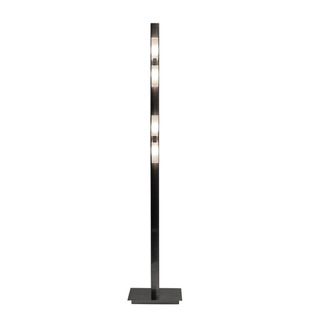 The Arco 4 Light Floor Lamp in satin nickel features a sleek, modern design with a rectangular base and vertical frame, showcasing four evenly spaced illuminated sections for ideal contemporary ambient lighting.