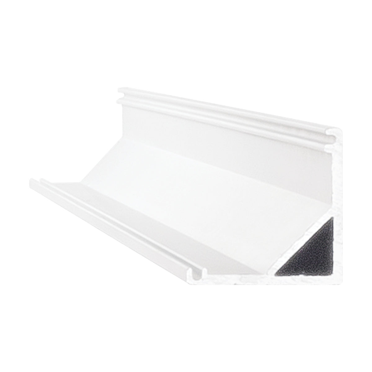 Arcus 2m Corner LED Profile in white aluminium, 10x10mm angled channel for internal corners, with a black foam strip along one edge, shown on a plain white background.