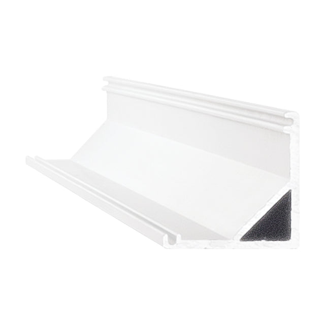 Arcus 2m Corner LED Profile in white aluminium, 10x10mm angled channel for internal corners, with a black foam strip along one edge, shown on a plain white background.