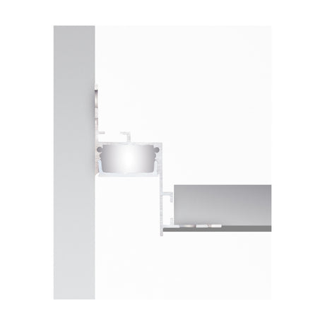 Cross-section render of the Arcus plaster-in corner LED profile, an aluminium channel with perforated mounting wings fitted at a wall-ceiling junction, shown on a plain white background.