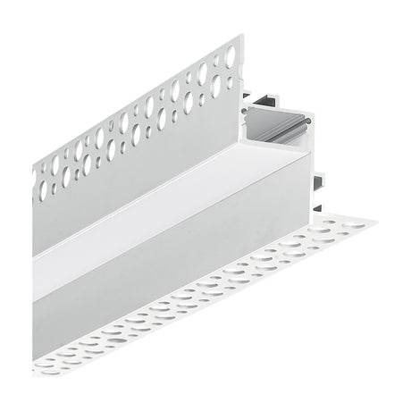 Arcus 2m plaster-in corner LED profile in aluminium, showing the angled channel with perforated mounting wings and frosted diffuser, shown on a plain white background.