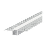 Arcus 2m plaster-in LED profile in aluminium, recessed channel with perforated mounting wings on both sides, white background.