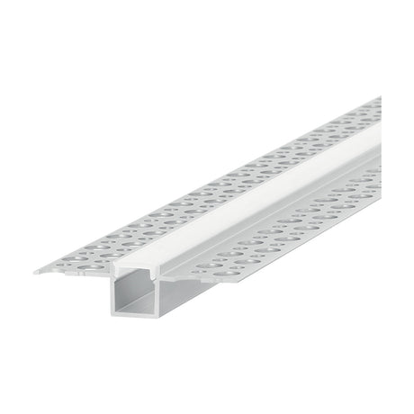 Arcus 2m plaster-in LED profile in aluminium, recessed channel with perforated mounting wings on both sides, white background.