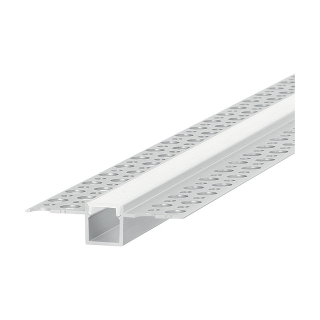 Arcus 2m plaster-in LED profile in aluminium, recessed channel with perforated mounting wings on both sides, white background.