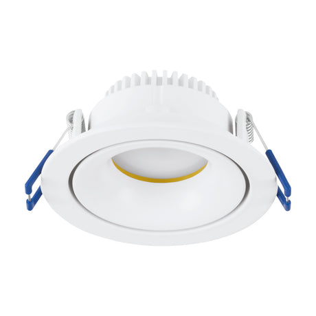 Arenals LED Downlight in white, round recessed fitting with slim rim, tiltable inner reflector, aluminium body and white plastic shade, spring clips visible, shown on a plain white background.