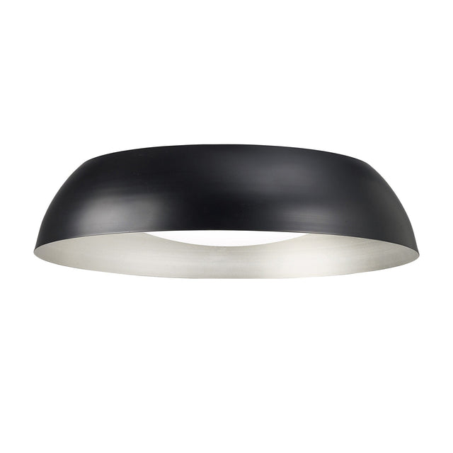 Mantra Argenta matt black flush ceiling light with low-profile dome shade, silver inner reflector and recessed white LED diffuser on a white background.
