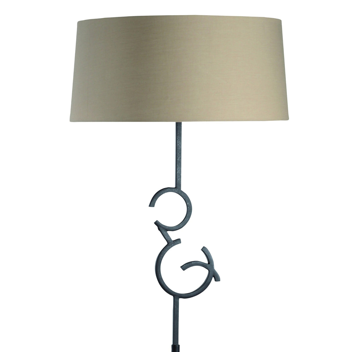 The Argi 3 Light Floor Lamp features a transitional style with a brown oxide finish, decorative circular accents, and a taupe drum-shaped shade.