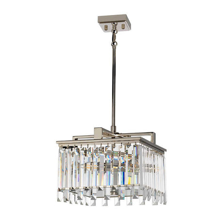 The Aries 4 Light Small Chandelier in polished nickel showcases a square metal frame adorned with high-quality crystals arranged in rows for a layered effect, all suspended by a sleek metal rod.