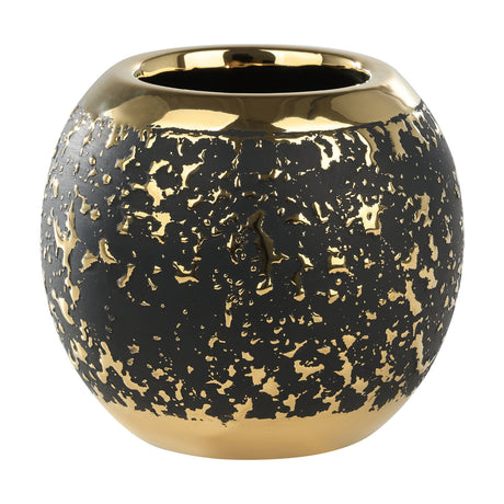 Arroyito Ceramic Vase 11cm, a squat globe-shaped vase with matt black body, gold flecks, gold rim and gold base, shown on a plain white background.