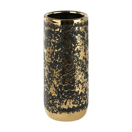 Arroyito Ceramic Vase 25cm, a cylindrical vase with textured black and gold mottled finish, polished gold rim and base band, shown on a plain white background.