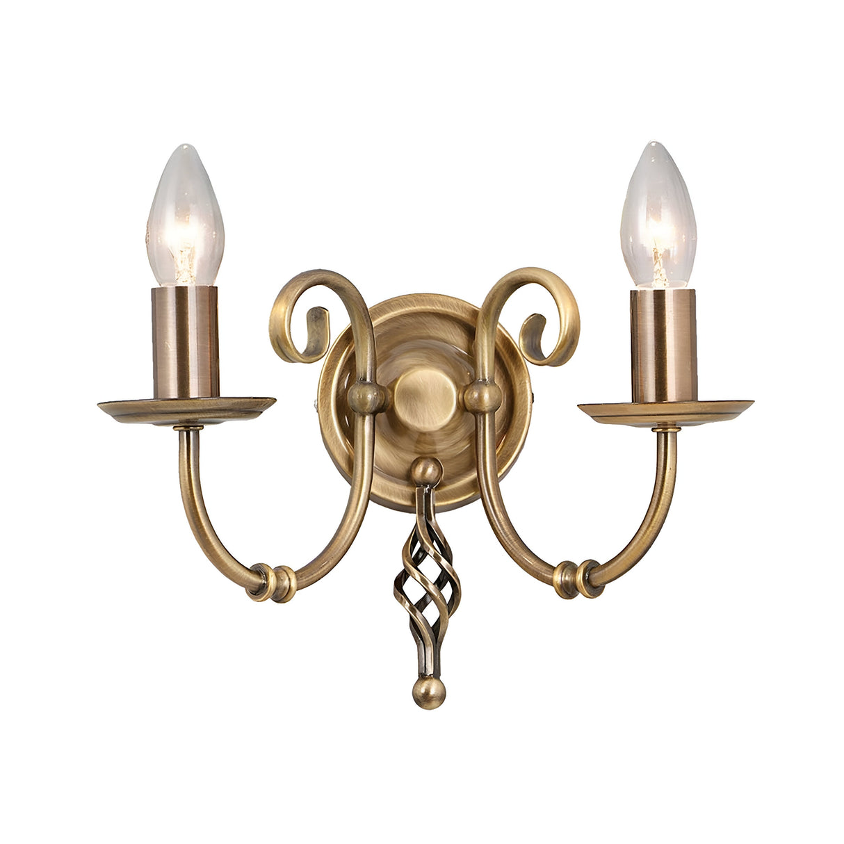 The Artisan 2 Light Wall Light in aged brass offers a vintage style with elegant detailing, featuring two candle-shaped bulbs and a lush bronze finish. Its design boasts curled arms and an intricately twisted metal accent at the center, highlighting exquisite artisan craftsmanship.