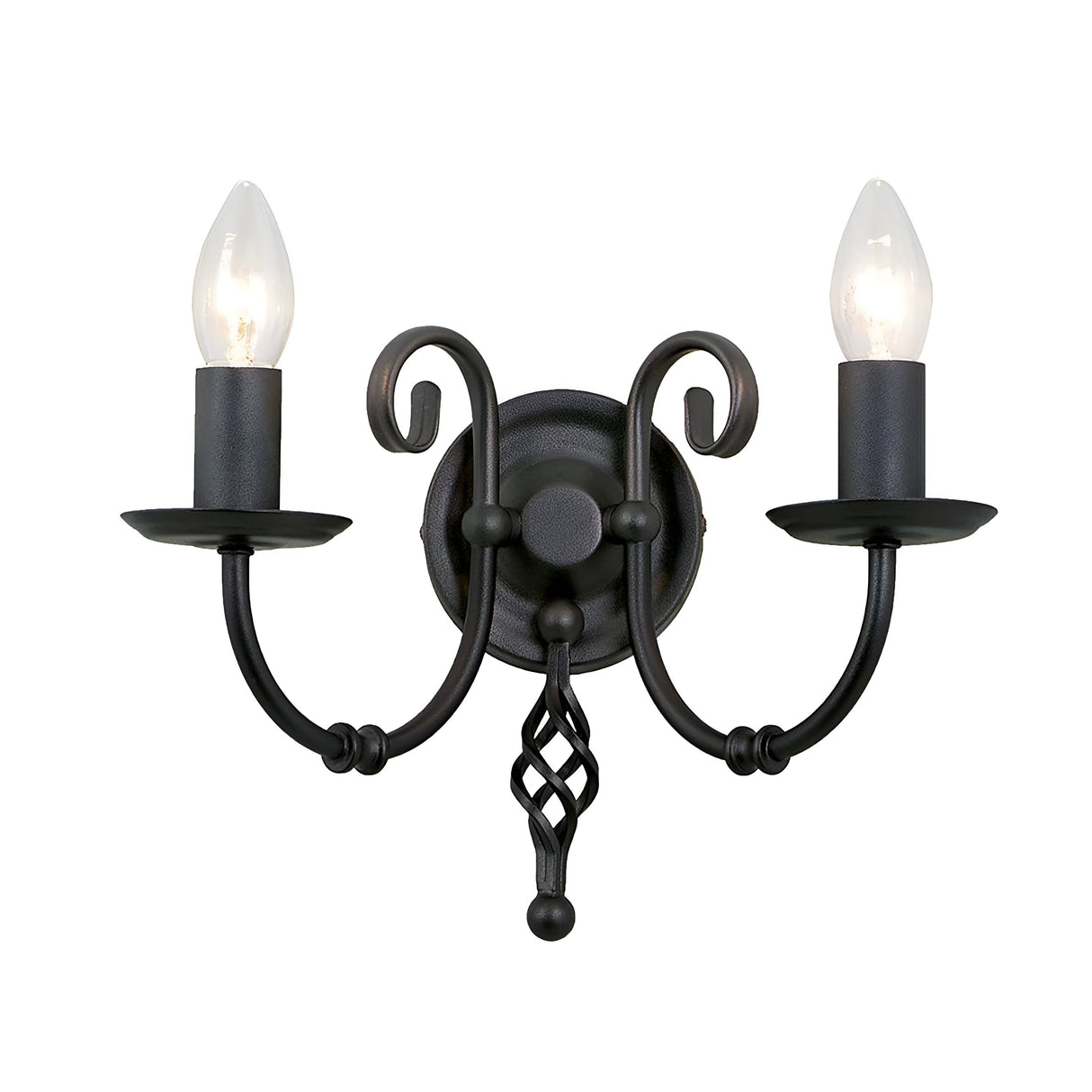 The Artisan 2 Light Wall Light - Black showcases two candle-shaped bulbs on gracefully curved arms. It features a circular central mount adorned with hand-formed metal scrolls and a decorative twisted detail at the bottom, all finished in an exquisite black hue.