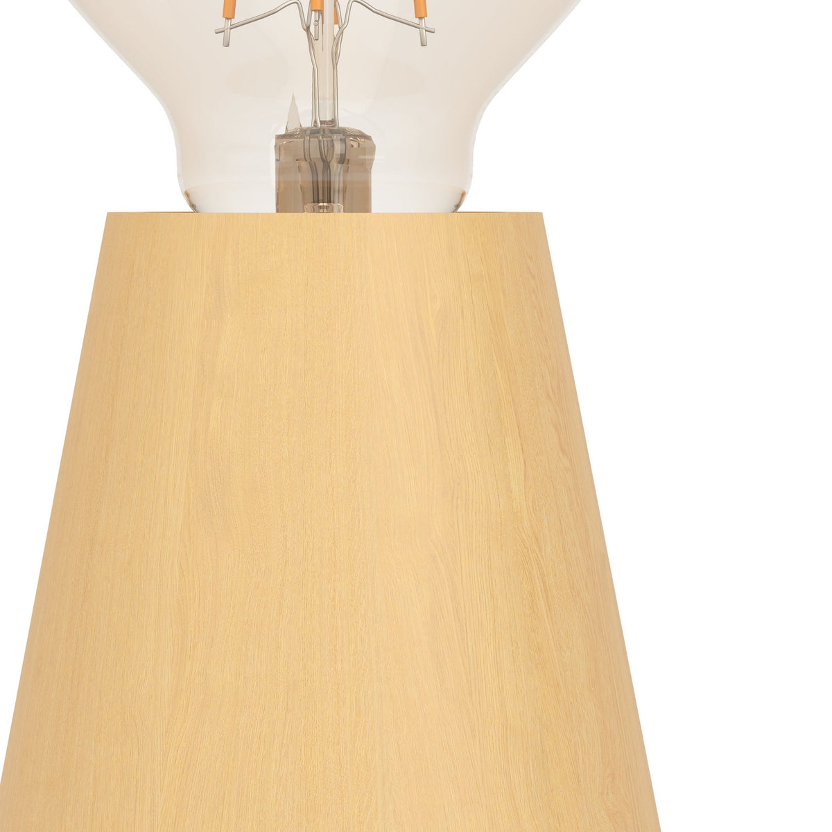 Asby Table Lamp in light wood, close-up of the tapered base with straight grain and exposed E27 bulb holder, no shade, on a plain white background.