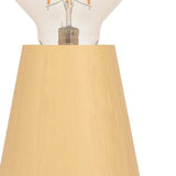 Asby Table Lamp in light wood, close-up of the tapered base with straight grain and exposed E27 bulb holder, no shade, on a plain white background.