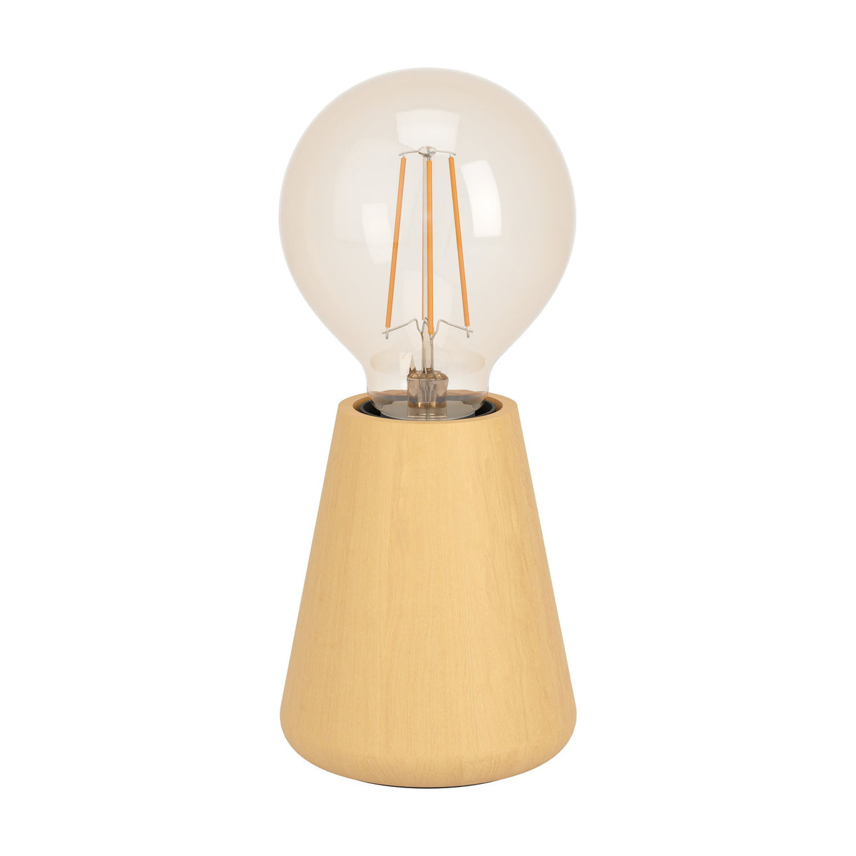 Asby Table Lamp in light wood with a tapered, narrow-topped base and exposed E27 bulb fitting, shown on a plain white background.