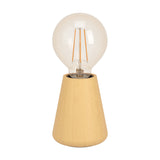 Asby Table Lamp in light wood with a tapered, narrow-topped base and exposed E27 bulb fitting, shown on a plain white background.