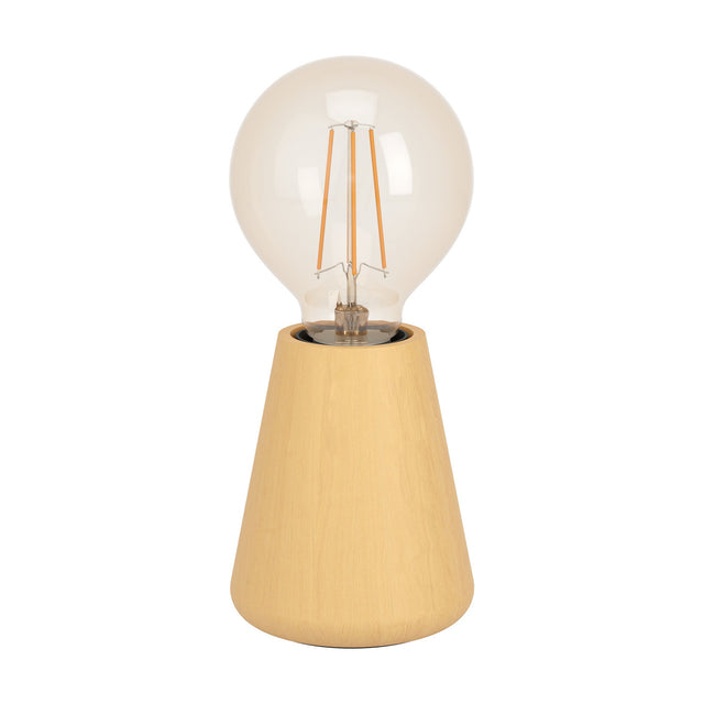 Asby Table Lamp in light wood with a tapered, narrow-topped base and exposed E27 bulb fitting, shown on a plain white background.
