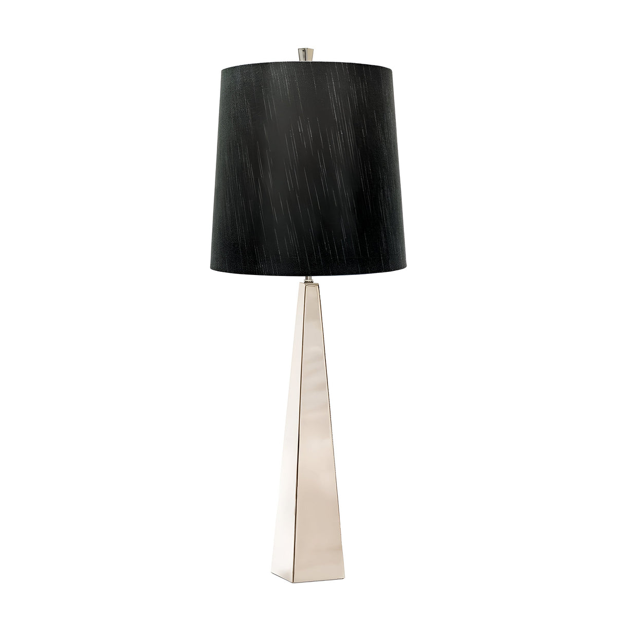 The Ascent Table Lamp With Black Shade - Polished Nickel showcases a sleek, tapered metallic base with a polished nickel finish, beautifully complemented by a dark cylindrical black shade. This modern piece stands elegantly against a plain white background.