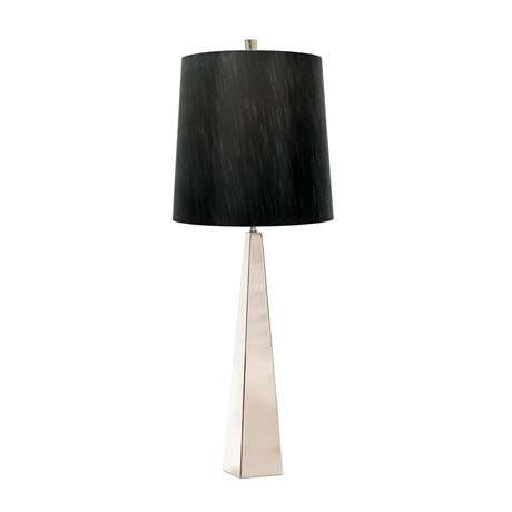 The Ascent Table Lamp With Black Shade - Polished Nickel showcases a sleek, tapered metallic base with a polished nickel finish, beautifully complemented by a dark cylindrical black shade. This modern piece stands elegantly against a plain white background.