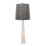 Introducing the Ascent Table Lamp With Dark Grey Shade - Polished Nickel, boasting a sophisticated tapered metallic base with a polished nickel finish and a textured dark gray drum shade, effortlessly blending with a range of interior styles.
