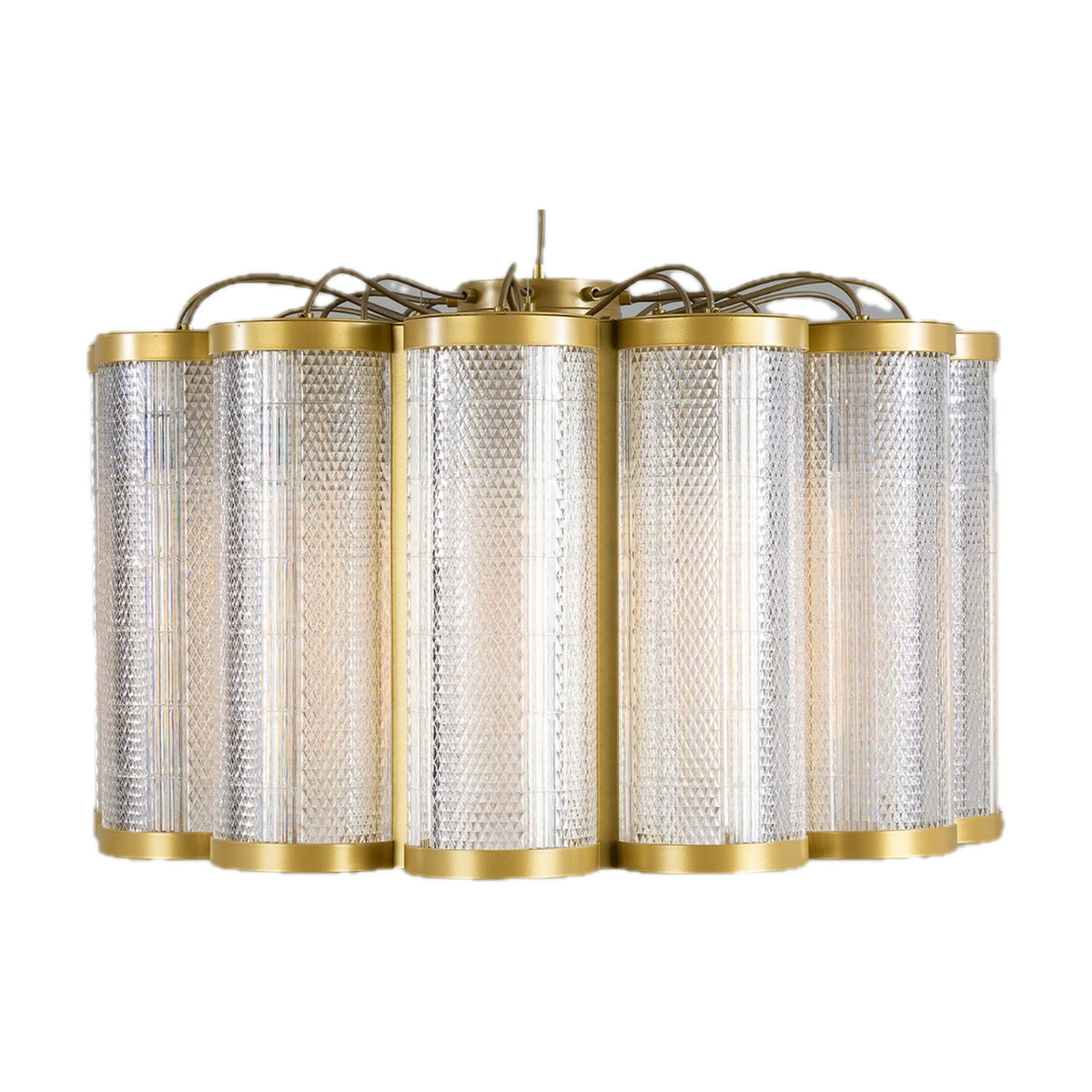 Ashford Acrylic 20 Light Chandelier with scalloped ring of ribbed clear acrylic cylinders and brass-toned metal rims, shown on a plain white background.