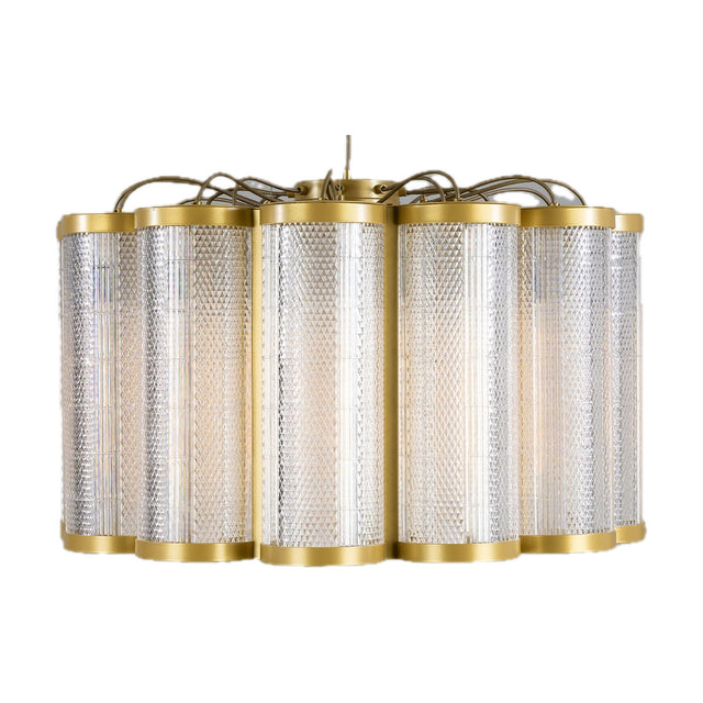 Ashford Acrylic 20 Light Chandelier with scalloped ring of ribbed clear acrylic cylinders and brass-toned metal rims, shown on a plain white background.
