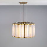 Ashford Acrylic 20 Light Chandelier, a scalloped ring of tall textured acrylic cylinders with brass finish rims, suspended from a brass ceiling plate against a plain grey background.