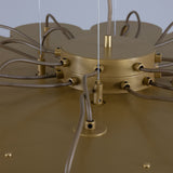 Close-up of the Ashford Acrylic 20 Light Chandelier's gold central hub, showing brass cable connectors, wiring, and scalloped arm fittings in a steel and brass finish.
