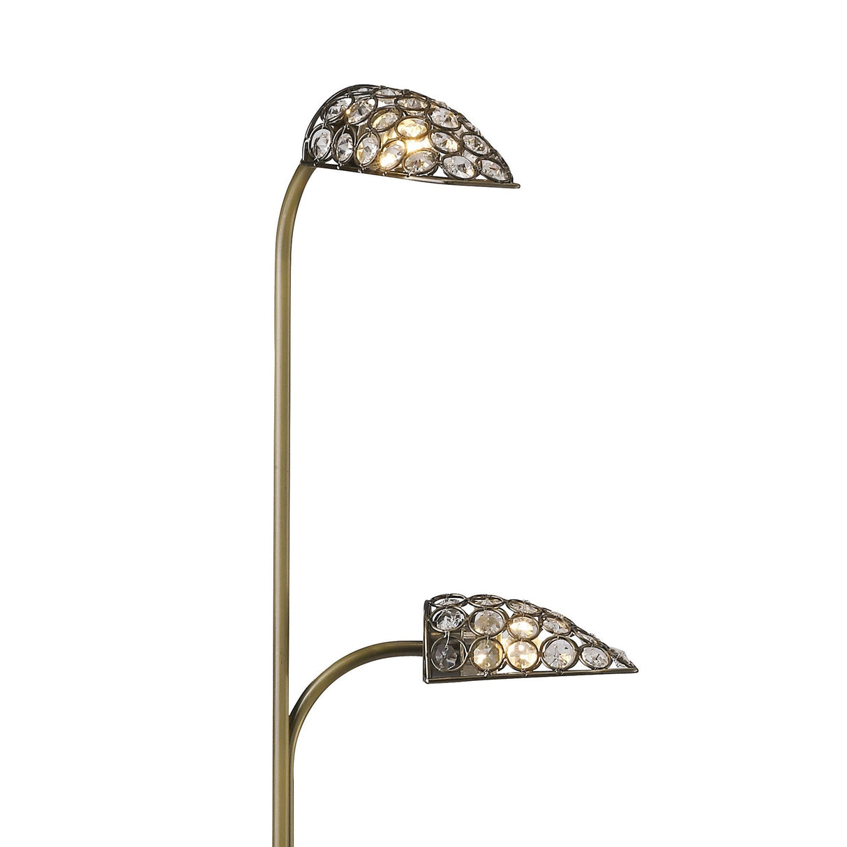 The Ashton 2 Light Crystal Floor Lamp in antique brass features two curved arms with crystal ring shades adorned with glass crystals, providing warm ambient lighting.