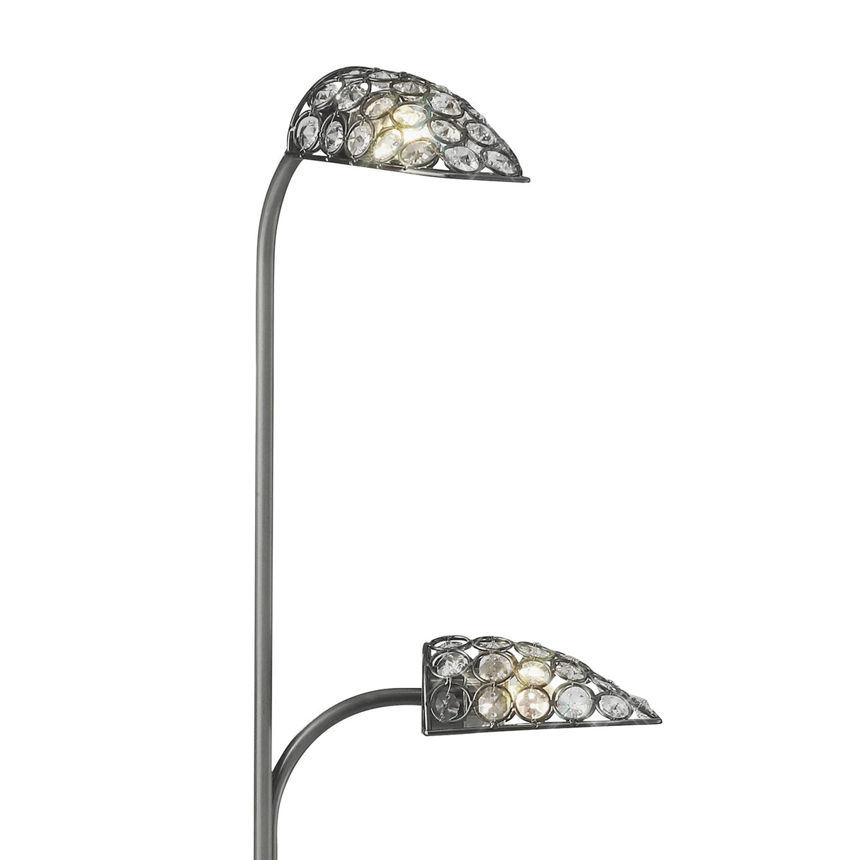 The Ashton 2 Light Crystal Floor Lamp in Satin Nickel features two curved arms with dome-shaped shades, each embellished with sparkling circular glass crystals. Both illuminated shades showcase the lamp's modern and elegant design.