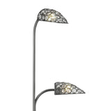 The Ashton 2 Light Crystal Floor Lamp in Satin Nickel features two curved arms with dome-shaped shades, each embellished with sparkling circular glass crystals. Both illuminated shades showcase the lamp's modern and elegant design.