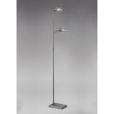 The Ashton 2 Light Crystal Floor Lamp in Satin Nickel features a square base, slim metal stand, and two upward-curving arms with crystal, leaf-inspired lights, set against a plain gray background.