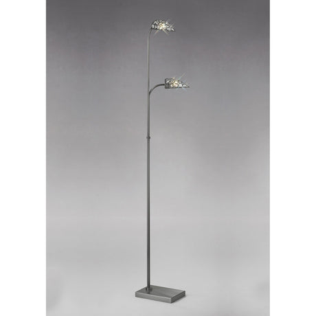 The Ashton 2 Light Crystal Floor Lamp in Satin Nickel features a square base, slim metal stand, and two upward-curving arms with crystal, leaf-inspired lights, set against a plain gray background.