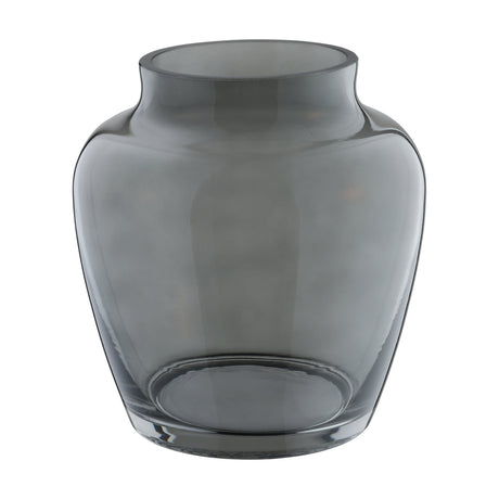 Asindro glass vase in smoked grey, with a rounded body, curved shoulders, and short collar neck, shown on a plain white background.