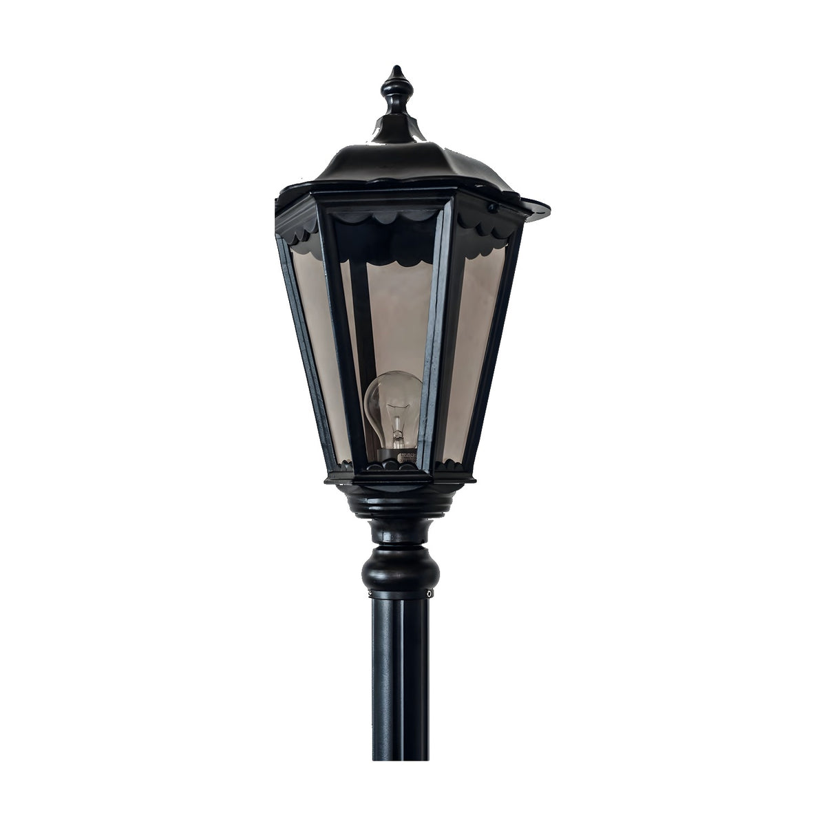 Astragal cast aluminium outdoor lamp post in black, with a hexagonal glass lantern and finial top on a tall column, shown on a plain white background.