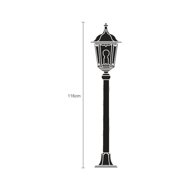 Astragal Cast Aluminium Outdoor Bollard Light, 116cm, black lantern-style fixture with glass panels atop a slim pedestal base, shown as a line illustration with height marker on a white background.