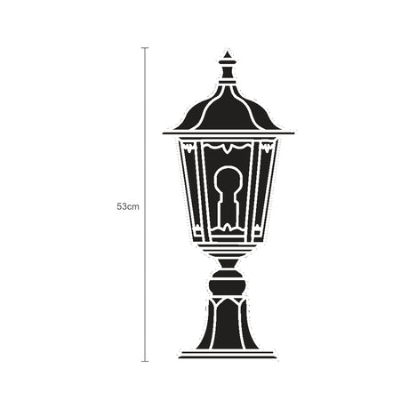 Astragal cast aluminium outdoor bollard light, 53cm, black lantern-style fixture with glass panels on a pedestal base, shown on a plain white background with height measurement marked.