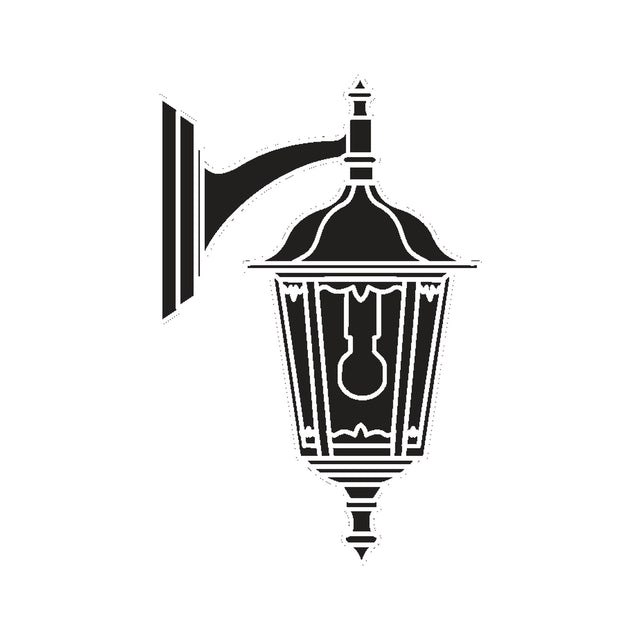 Astragal cast aluminium outdoor hanging wall lantern in black, with wall bracket and glazed hexagonal frame housing a single E27 bulb, shown as a silhouette on a plain white background.