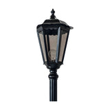 Astragal Cast Aluminium Outdoor Lamp Post in black, 155cm column topped with a hexagonal glazed lantern housing a single E27 bulb, shown on a plain white background.