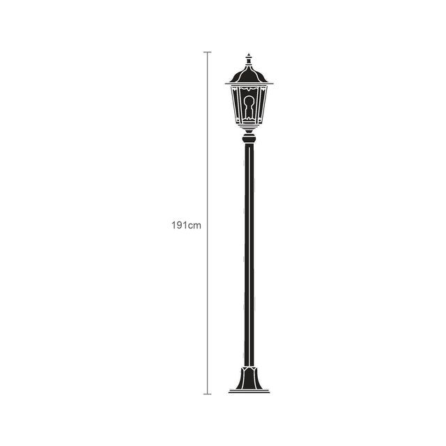 Astragal cast aluminium outdoor lamp post, 191cm, with a glazed lantern top on a slim column and swelling plinth base, shown in black on a plain white background with a height guide.